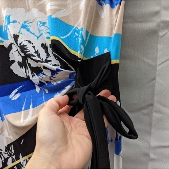 Roz & Ali sz 8 dress blue black tan white summer spring floral sleeveless - Picture 3 of 12